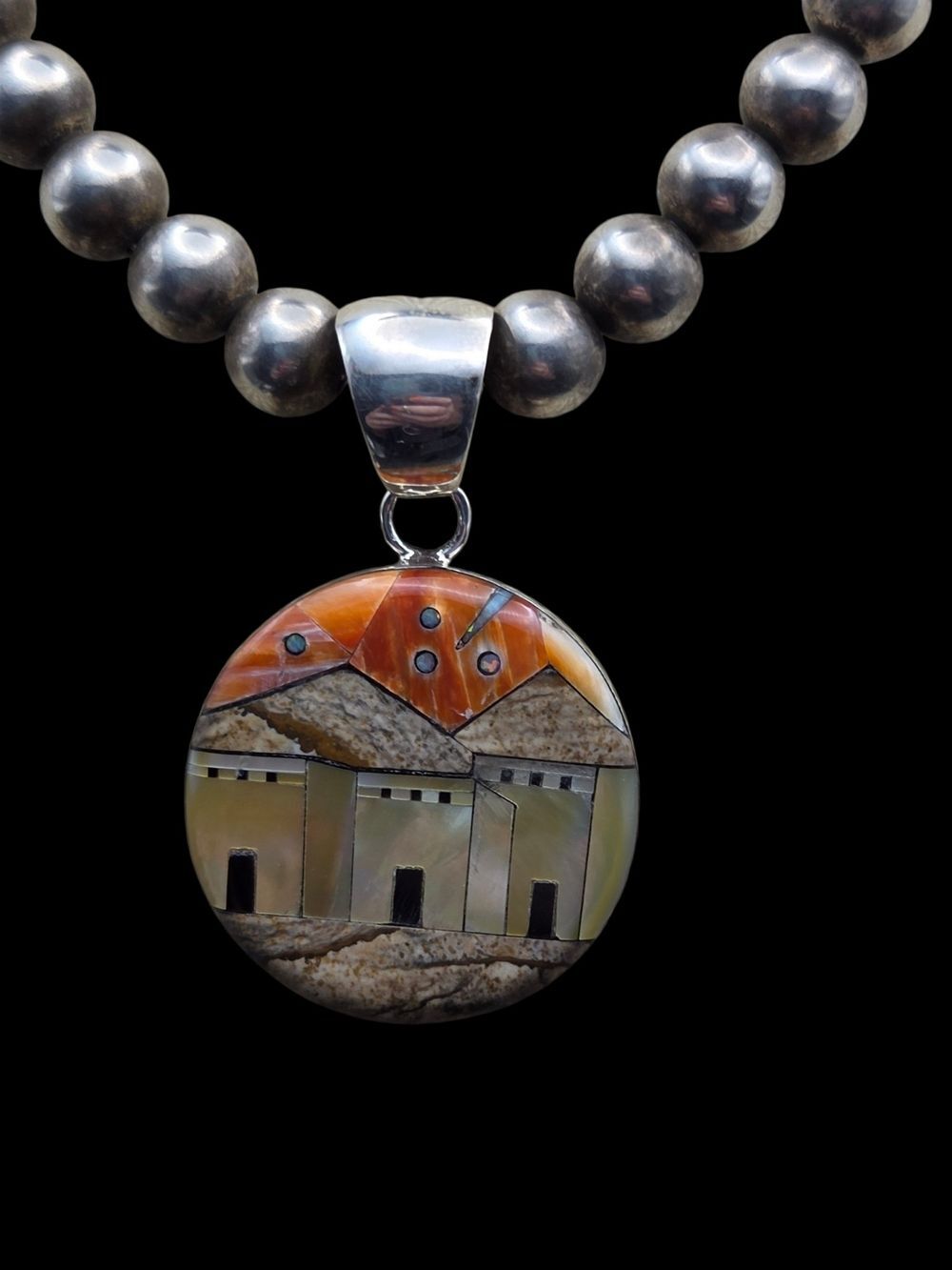 Southwest Sterling Silver Spiny Oyster Pueblo Inlay Pendant Leaf Mark